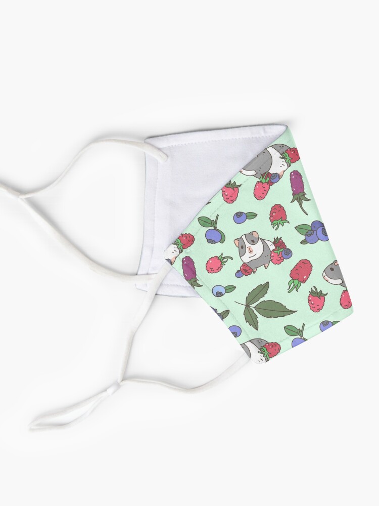 Alternate view of Gray Guinea pig, raspberries and blueberries pattern in mint background Mask