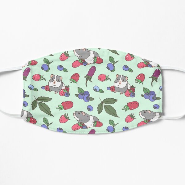 Gray Guinea pig, raspberries and blueberries pattern in mint background Flat Mask