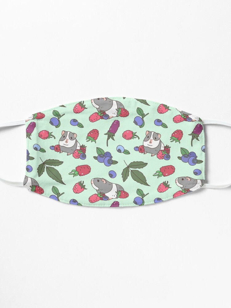 Alternate view of Gray Guinea pig, raspberries and blueberries pattern in mint background Mask