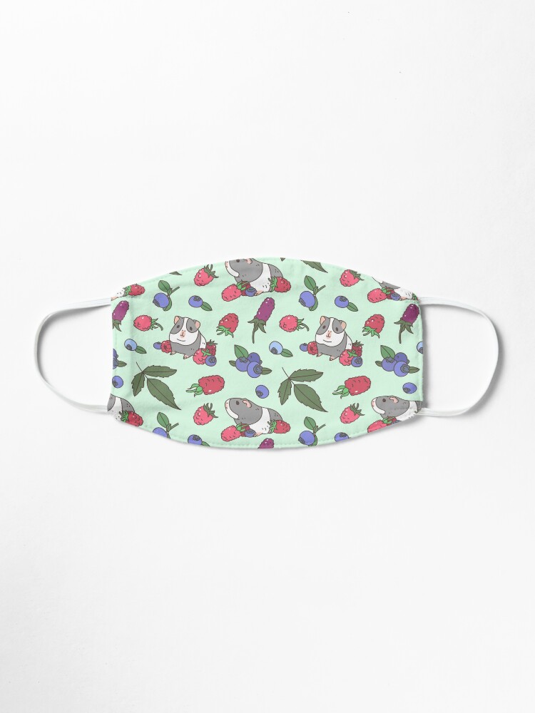 Alternate view of Gray Guinea pig, raspberries and blueberries pattern in mint background Mask