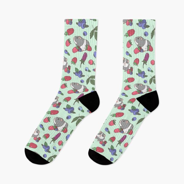 Item preview, Gray Guinea pig, raspberries and blueberries pattern in mint background  designed and sold by Miri-Noristudio.