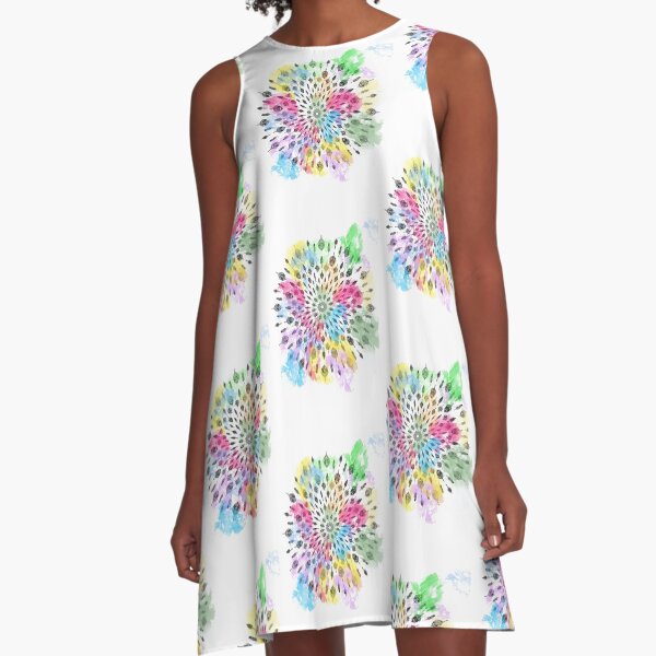 Feather mandala watercolor design. A-Line Dress