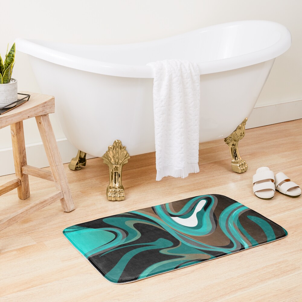Liquify – Brown, Turquoise, Teal, Black, White Bath Mat for Sale