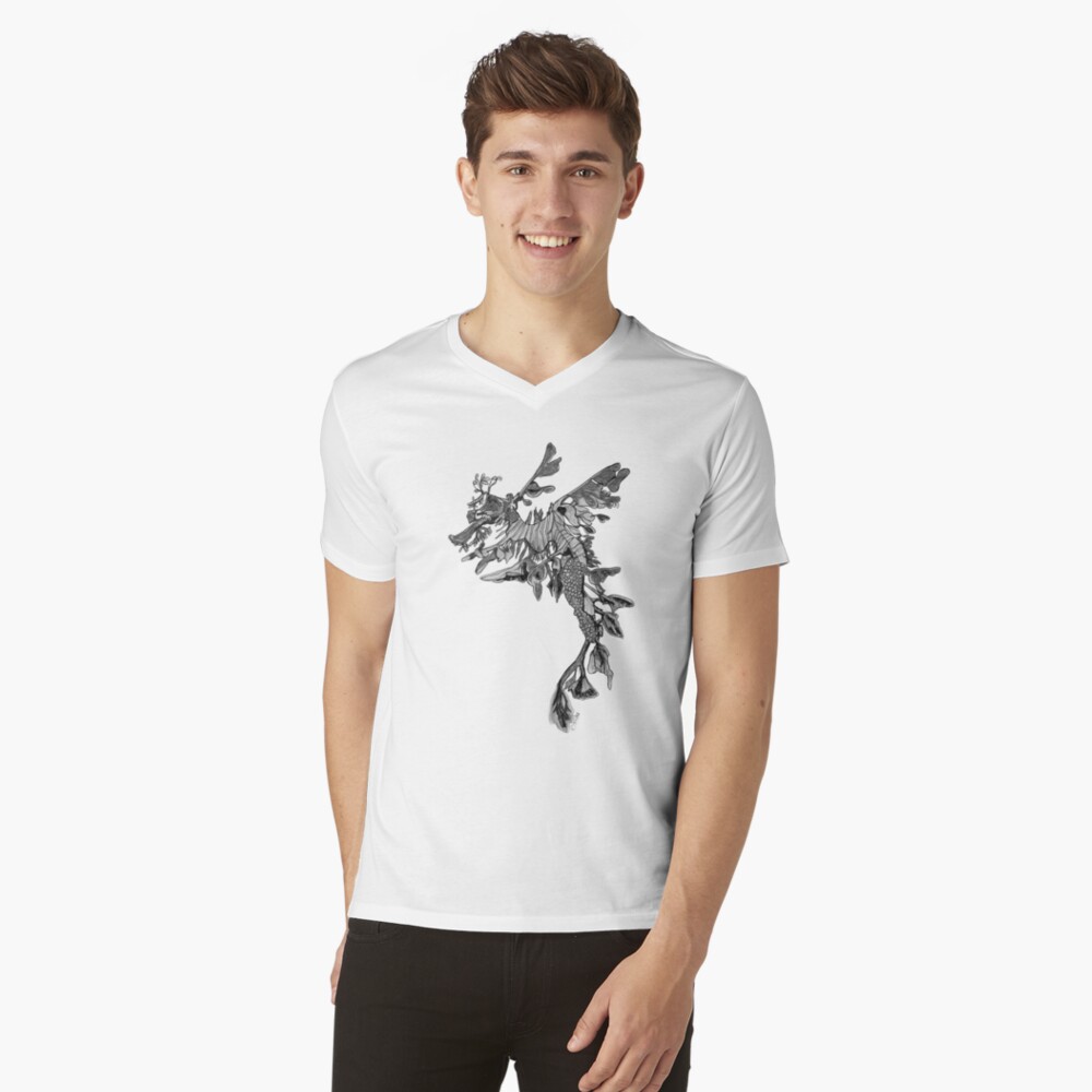 Steve the Leafy Seadragon in Grey V-Neck T-Shirt