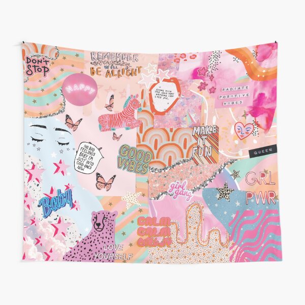 Pink and Blue Girl Power Collage Tapestry