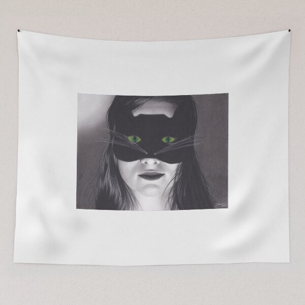 Item preview, Realism Charcoal Drawing of Girl with Cat Eyes in Cat Mask designed and sold by brittnideweese.