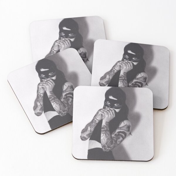 Item preview, Realism Charcoal Drawing of Girl in Cat Mask with Tattoos designed and sold by brittnideweese.
