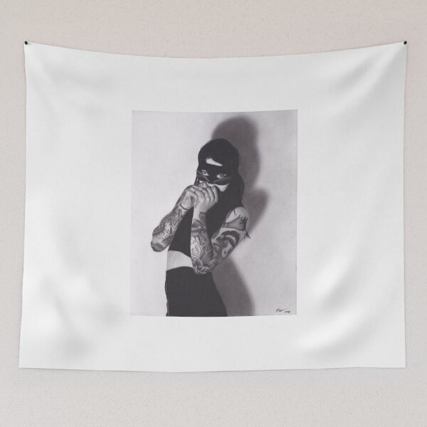 Item preview, Realism Charcoal Drawing of Girl in Cat Mask with Tattoos designed and sold by brittnideweese.