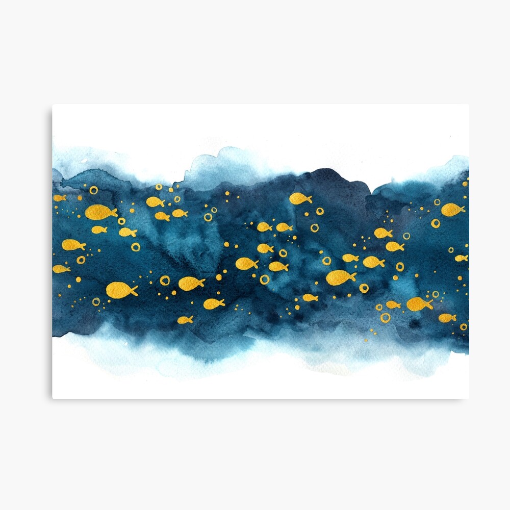 Gold color school of fish swimming on navy blue watercolor background.