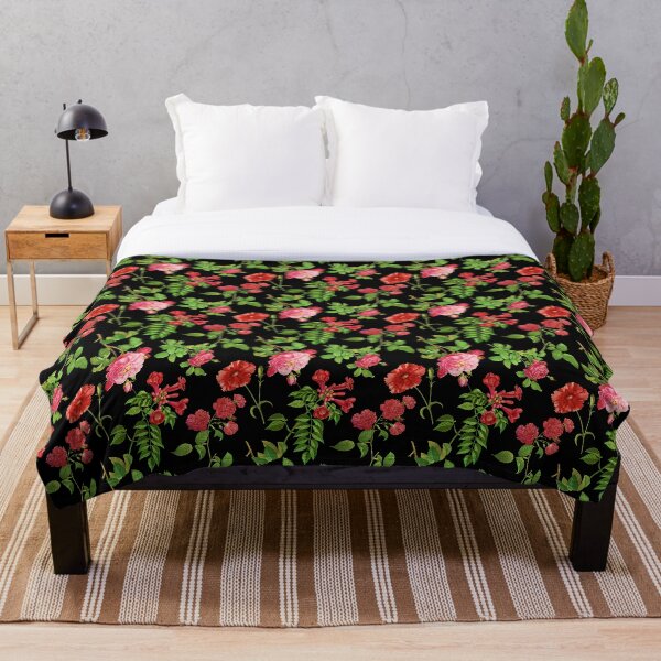 Pink Roses on a Black Background Throw Blanket