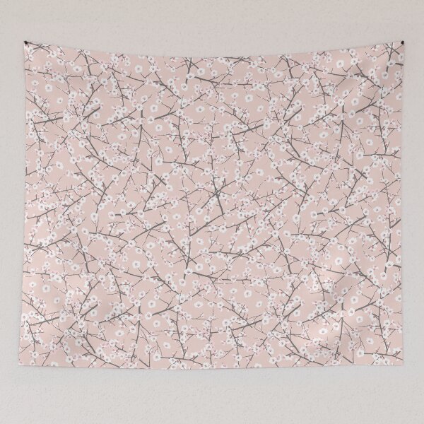 Item preview, dreamy floral, delicate cherry blossoms on a light coral background designed and sold by kasumidesign.