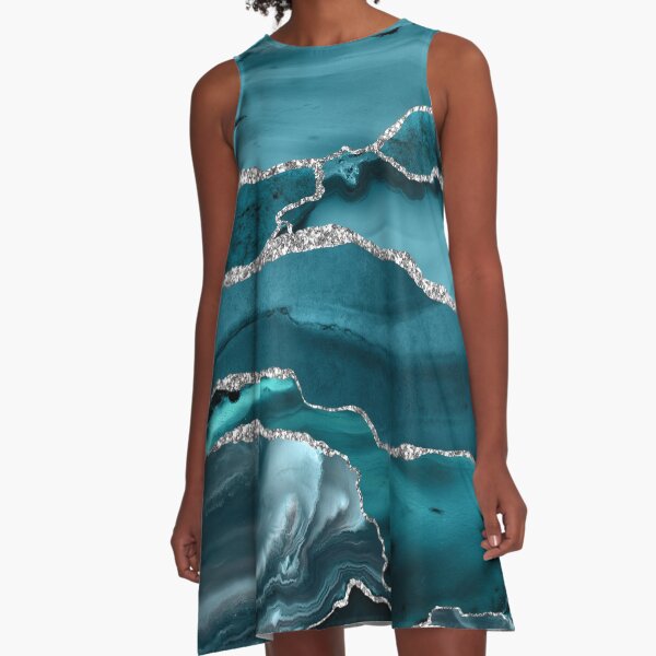 Trend Turquoise Faux Marble Textures A-Line Dress