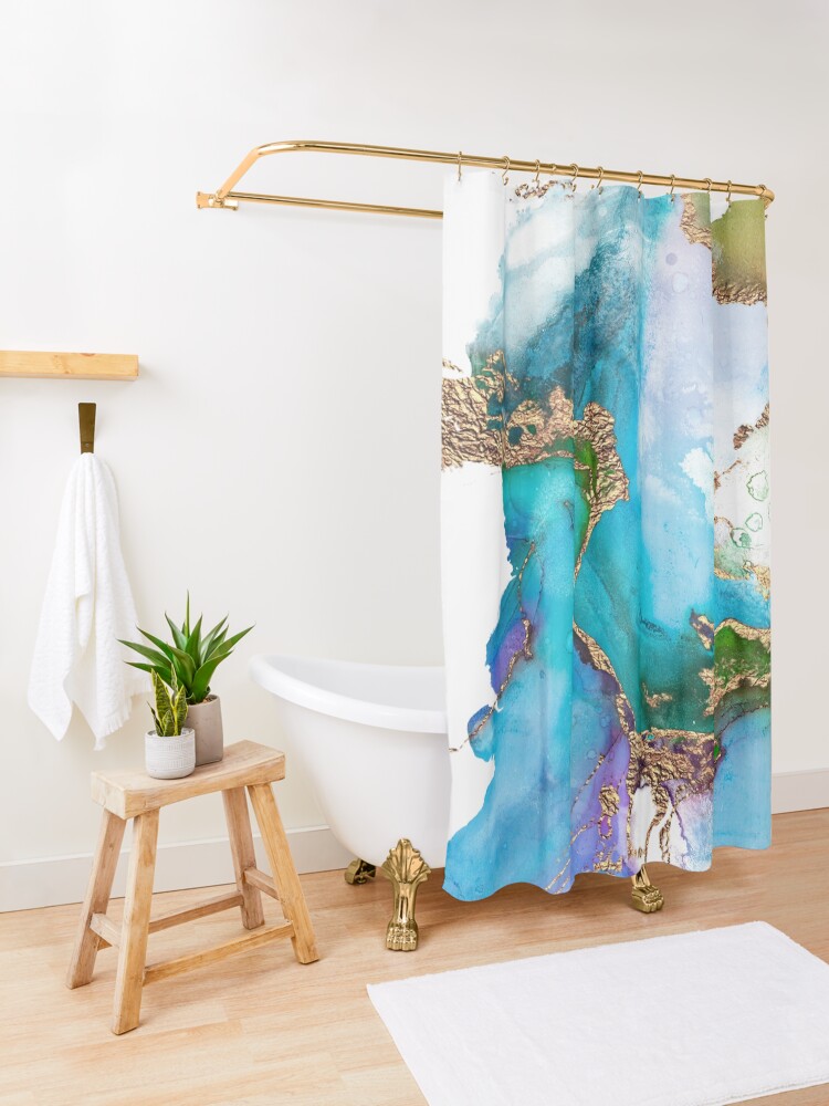 Alternate view of Abstract Marble Mermaid Gemstone With Gold Glitter Shower Curtain