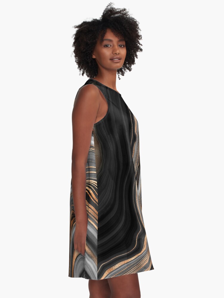 Alternate view of Elegant Black and Gray Marble with Gold Veins A-Line Dress