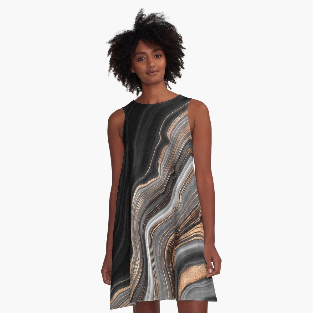 Elegant Black and Gray Marble with Gold Veins A-Line Dress