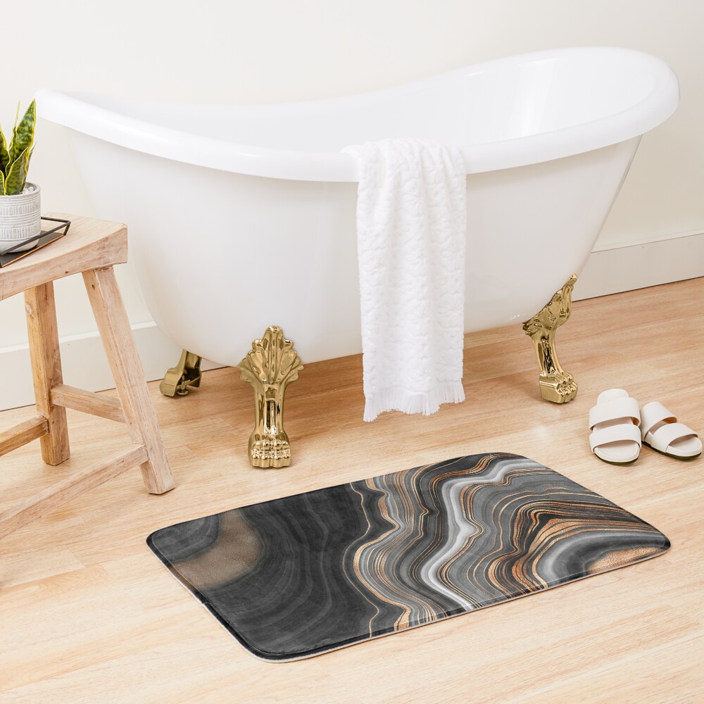 Elegant Black and Gray Faux Marble with Gold Veins Bath Mat