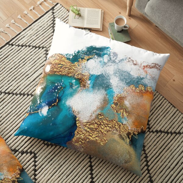 Glamorous gold and blue ink marble texture Floor Pillow