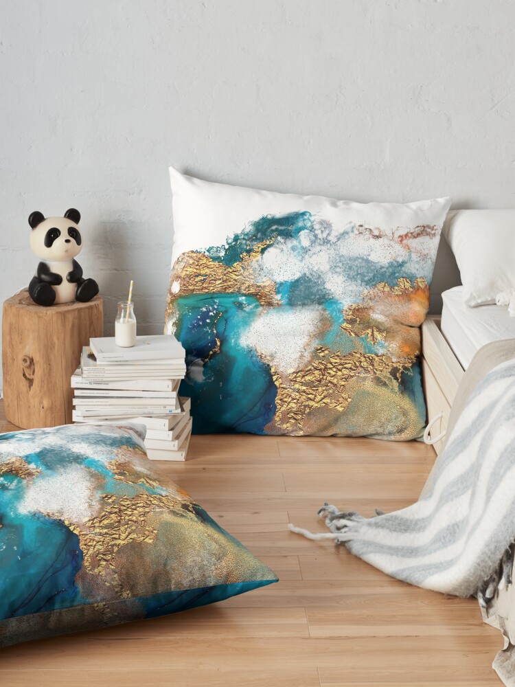 Alternate view of Glamorous gold and blue ink marble texture Floor Pillow