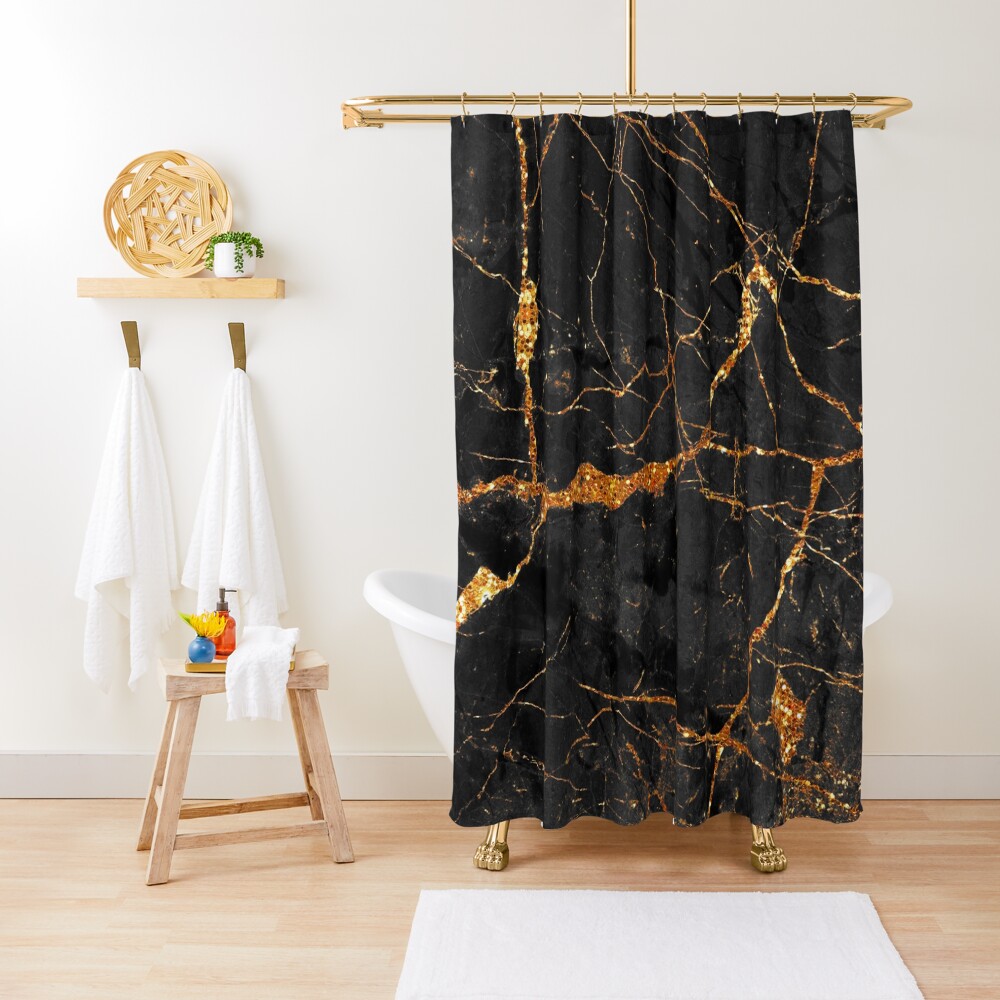 Black marble with gold glitter veins Shower Curtain