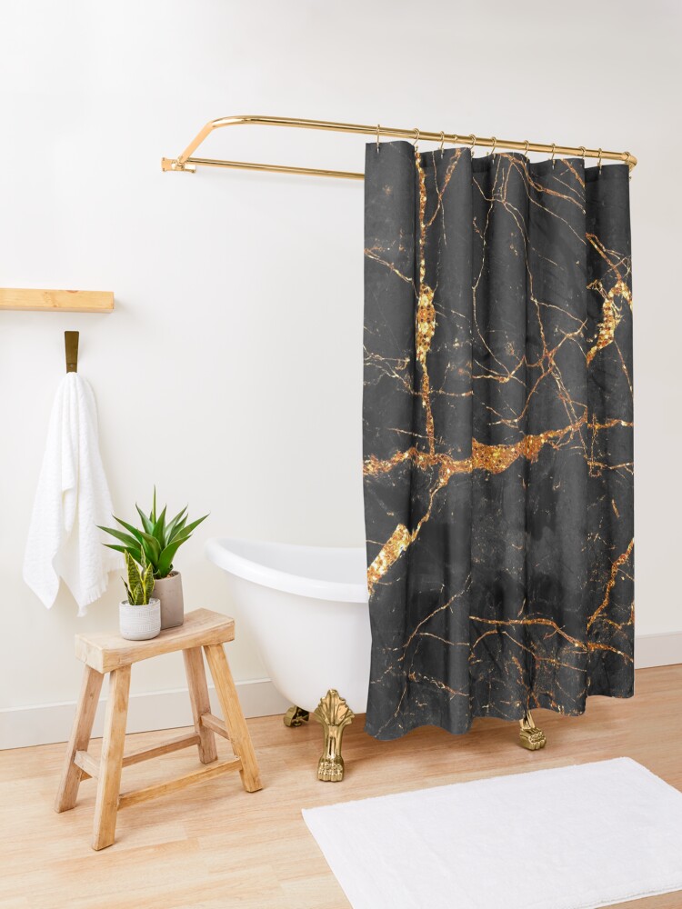 Alternate view of Black marble with gold glitter veins Shower Curtain