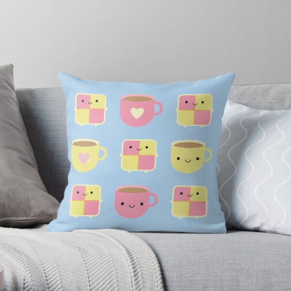 Kawaii Battenberg Cake & Cup of Tea Throw Pillow