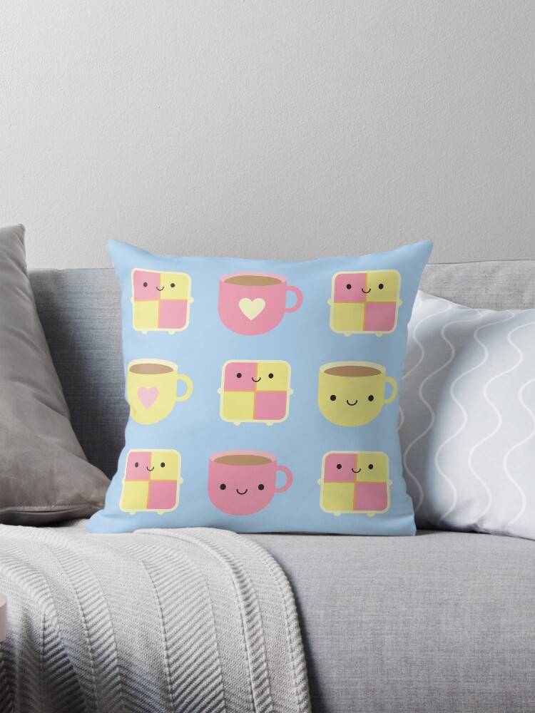 Thumbnail 1 of 4, Pillow, Kawaii Battenberg Cake & Cup of Tea designed and sold by marcelinesmith.