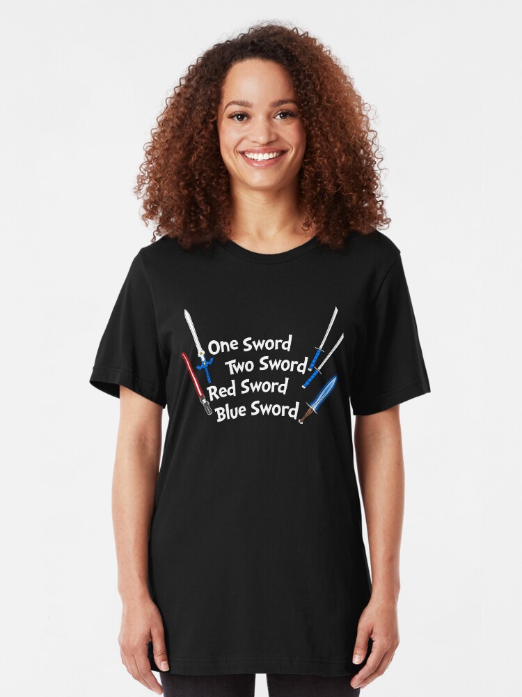 Alternate view of One Sword, Two Sword, Red Sword, Blue Sword Slim Fit T-Shirt