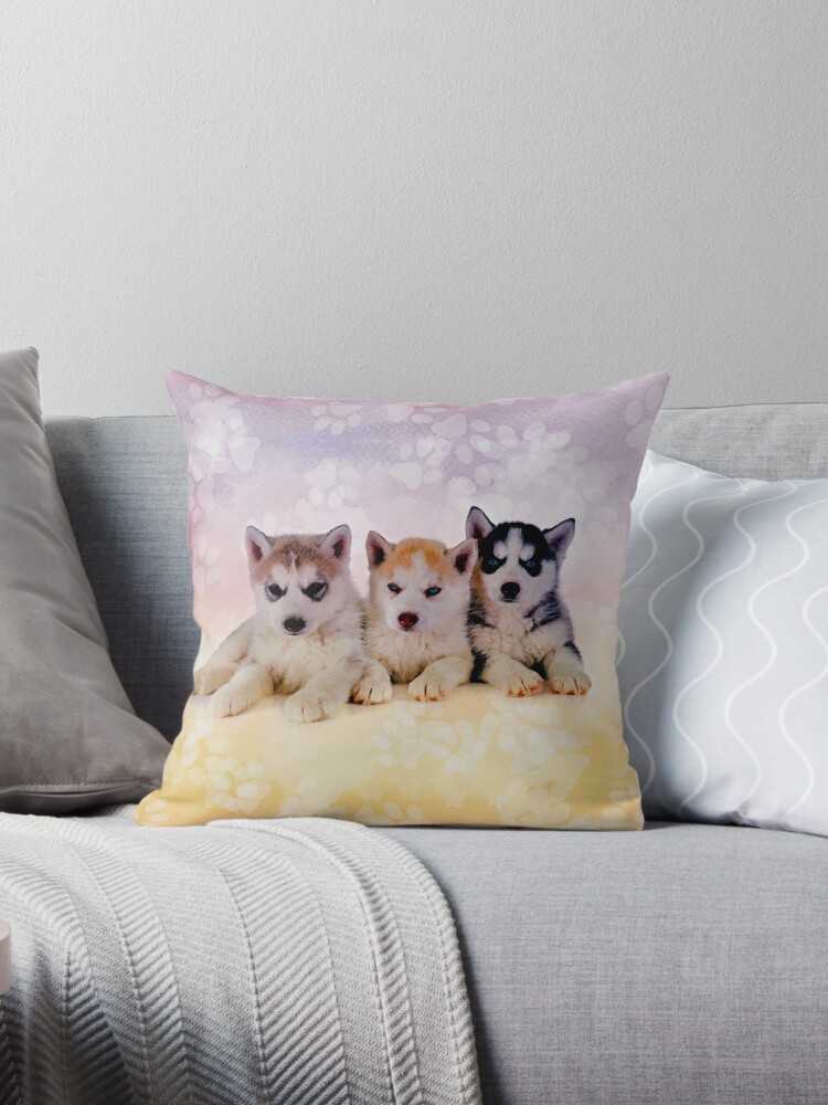 K9PrintArt Siberian Husky Puppies Throw Pillow Multicolor 16x16