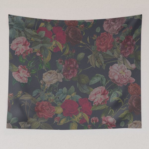 Item preview, red roses and dahlias on burlap designed and sold by Ivy & Foxglove Designs.