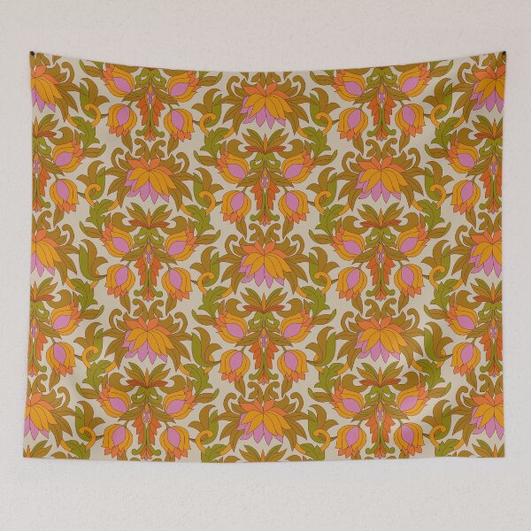 Item preview, Orange, Pink Flowers and Green Leaves 1960s Retro Vintage Pattern designed and sold by Eyestigmatic.