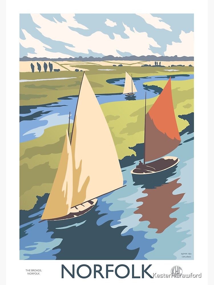 Norfolk Broads Sailing Boats Retro Vintage Poster Design by KesterHCrawford