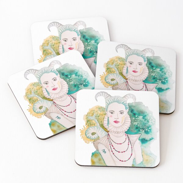 Item preview, Capricorn zodiac watercolor woman portrait in emerald green and yellow hues designed and sold by artsome-design.