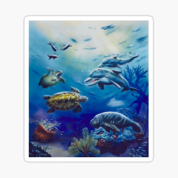 Bottlenose Dolphins, Turtles and Manatee Playing in the Ocean Sticker