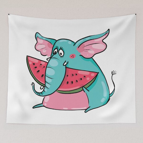 Item preview, Funny Cute Blue Elephant Eating Watermelon designed and sold by AnastasiaDesign.