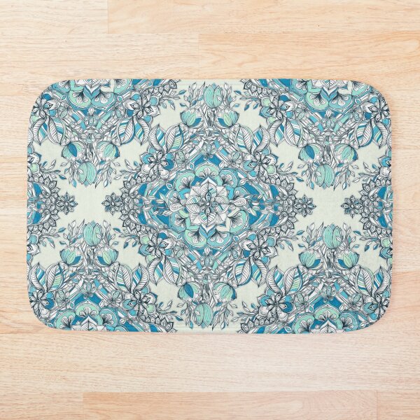 Floral Diamond Doodle in Teal and Turquoise Bath Mat