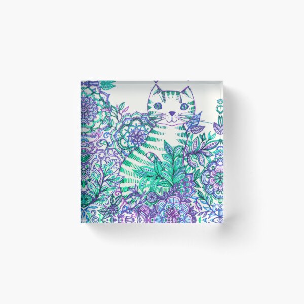 Garden Cat Doodle Acrylic Block