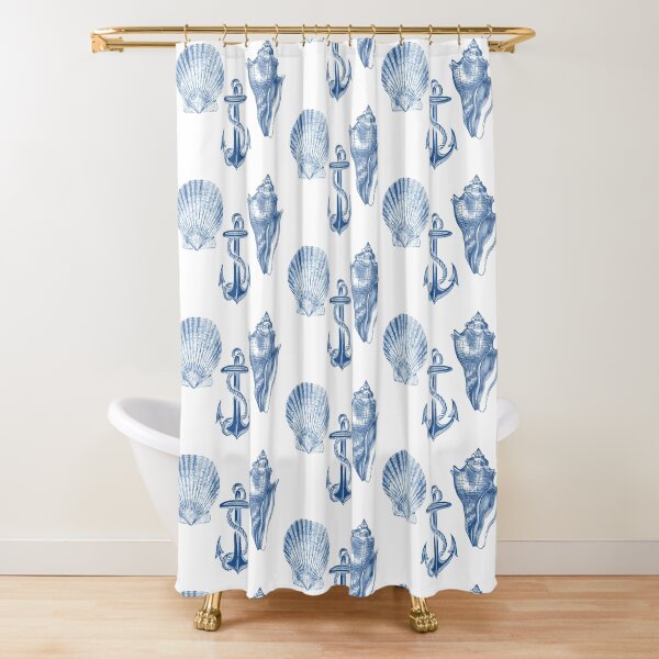 "Blue Sea Shells and Anchor Vintage Beach" Shower Curtain by 13Moons Redbubble