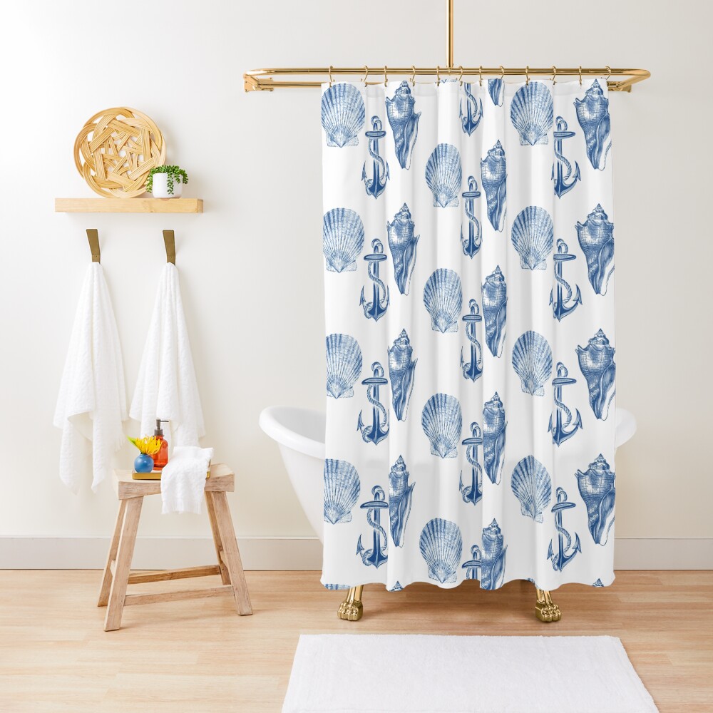 "Blue Sea Shells and Anchor Vintage Beach" Shower Curtain by 13Moons