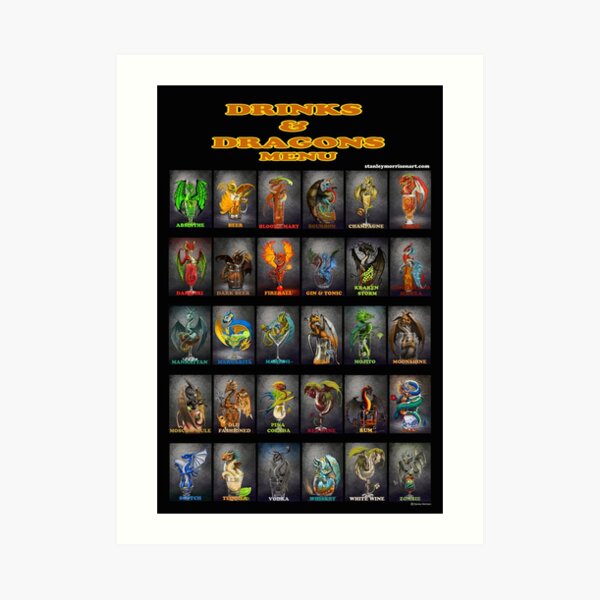 Drinks and Dragons Bar Menu Poster Art Print