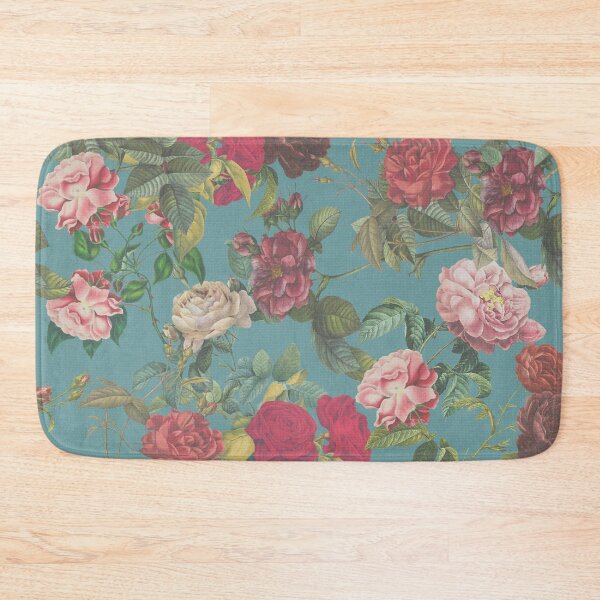 Item preview, Antico modern red roses and dahlias on burlap in duck egg blue designed and sold by Ivy & Foxglove Designs.
