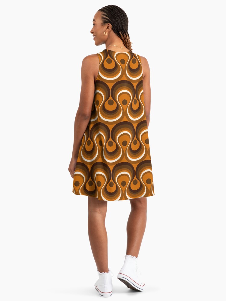 Brown, Orange & Ivory Wavy Lines Retro Pattern Geometric A-Line Dress