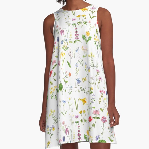 botanical colorful countryside wildflowers watercolor painting A-Line Dress