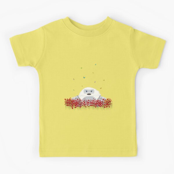 Spring Design - Kawaii Little Yeti in flower field blossom & colorful butterflies Kids T-Shirt