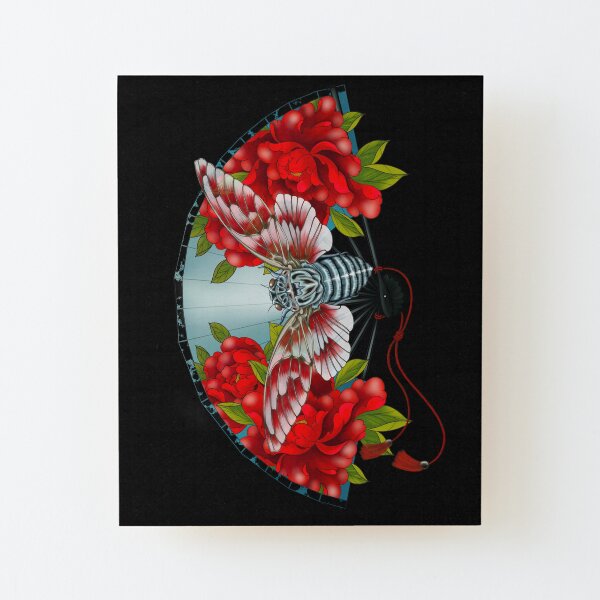 Japanese fan with cicada and peonies Wood Mounted Print
