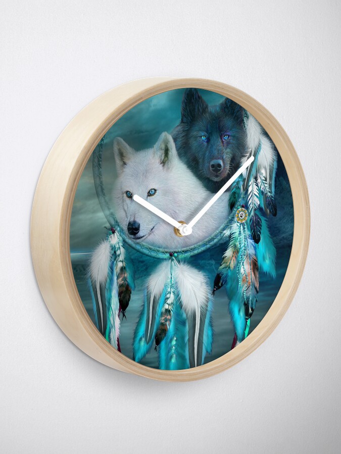 Alternate view of Dream Catcher White Wolf Black Wolf Clock