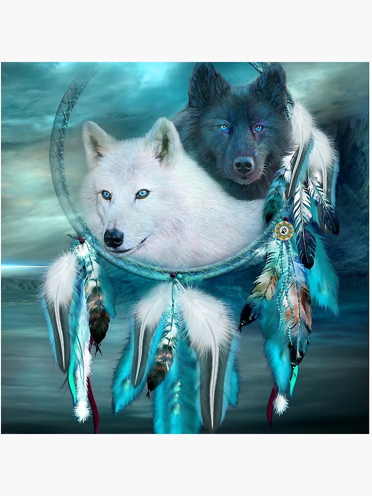 Dream Catcher White Wolf Black Wolf by carolcavalaris