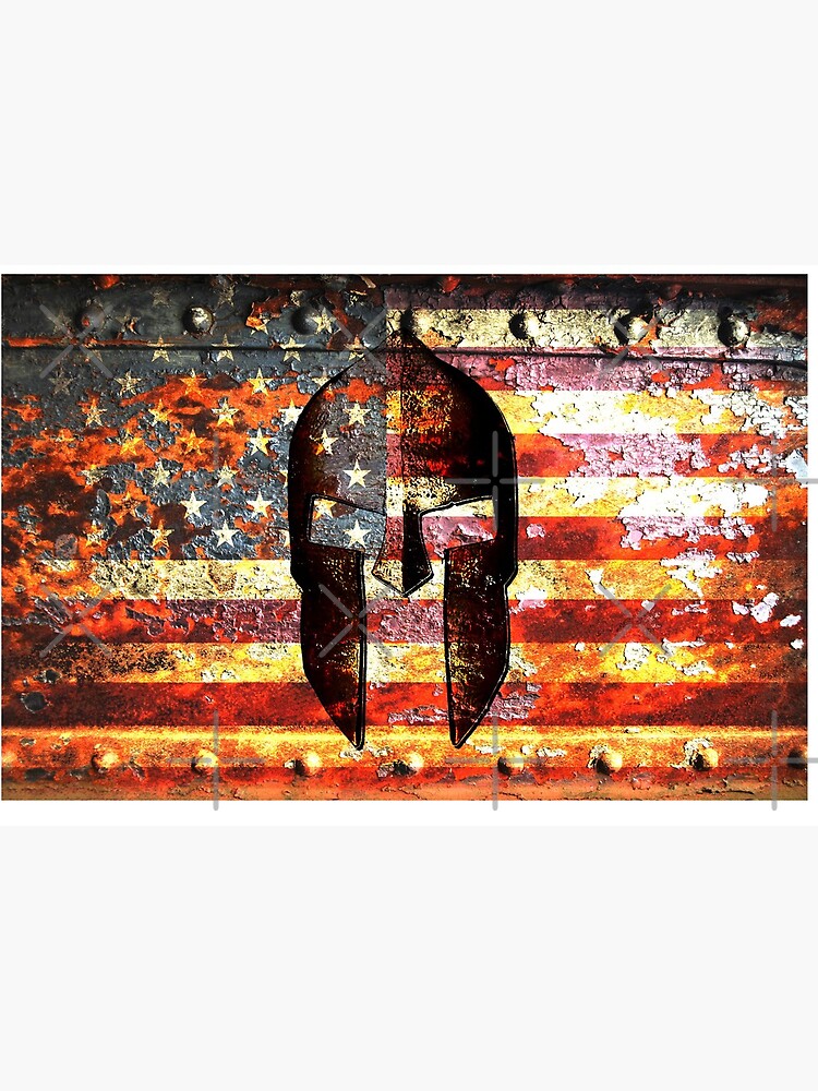 American Flag And Spartan Helmet On Rusted Metal Door - Molon Labe by MolonLabeArt