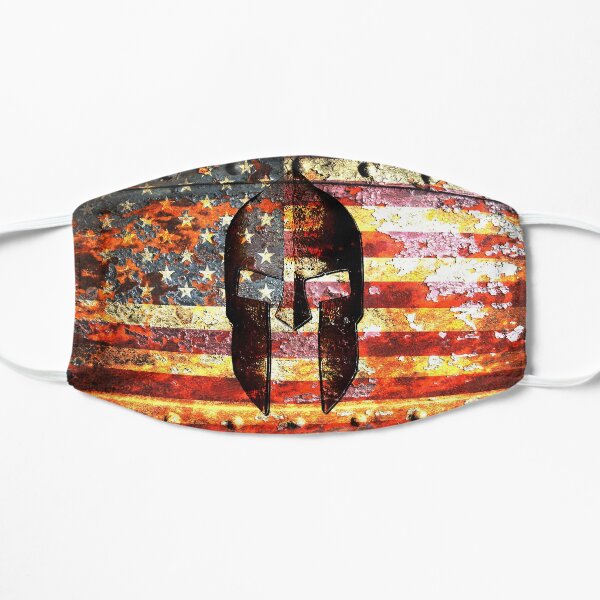 American Flag And Spartan Helmet On Rusted Metal Door - Molon Labe Flat Mask