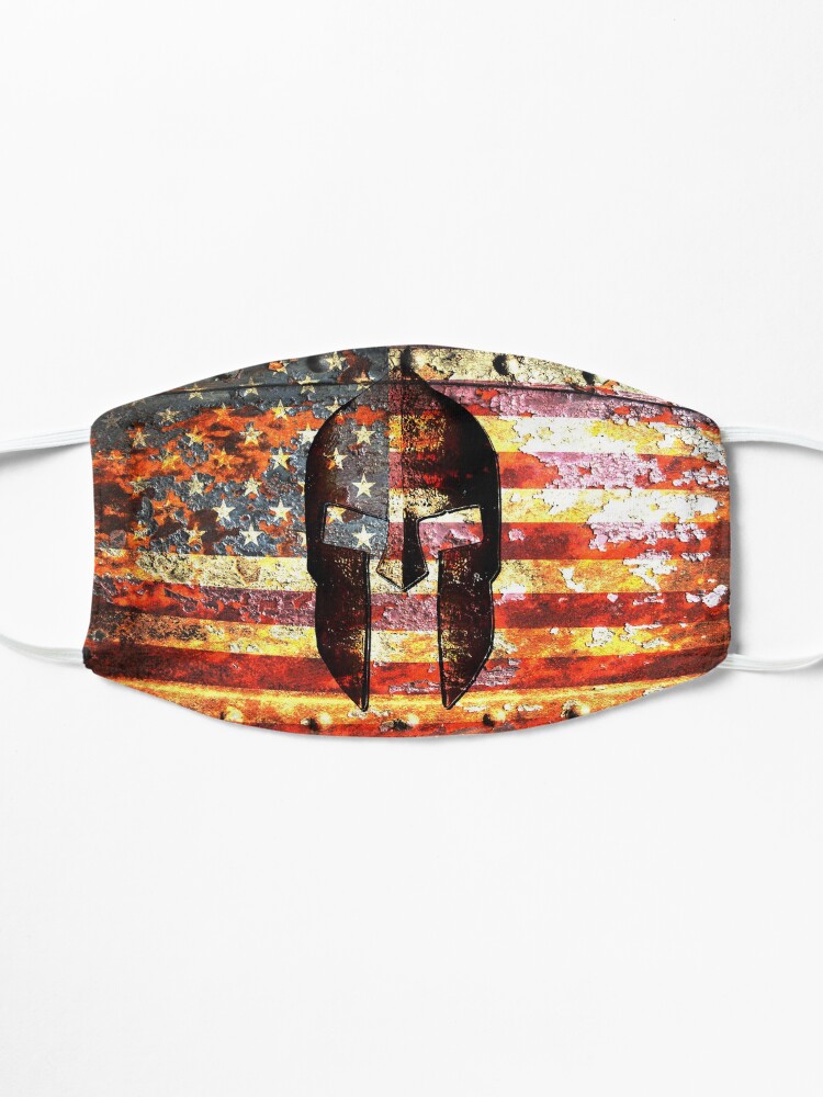 Alternate view of American Flag And Spartan Helmet On Rusted Metal Door - Molon Labe Mask
