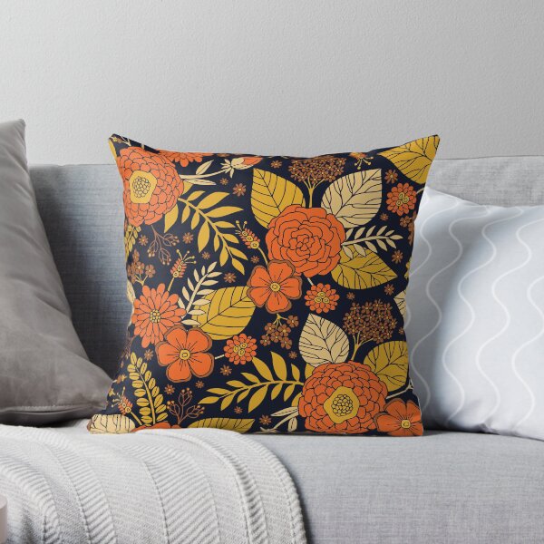 Retro Orange, Yellow, Brown, & Navy Floral Pattern Throw Pillow